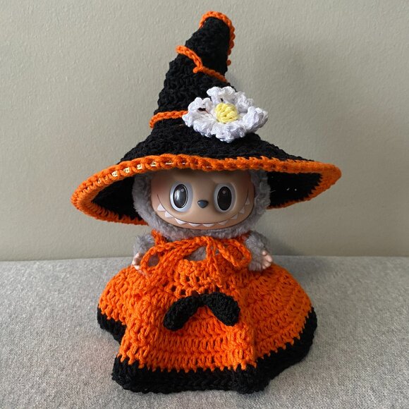 Handmade Crochet Halloween Orange Black Witch Outfit for Labubu 2-Piece Set - Picture 1 of 9